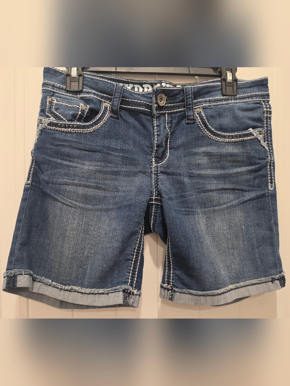 Hydraulic Dark Blue Women’s Bailey Low Rise Denim Shorts with White Stitching